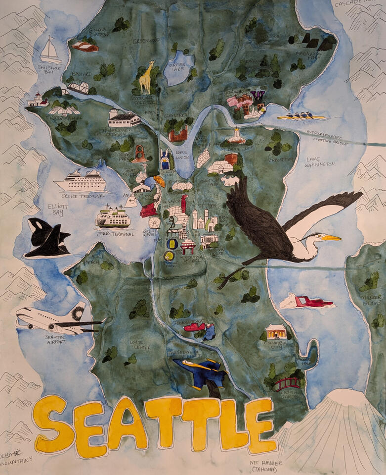 Ink and watercolor map of Seattle featuring interesting locations throughout the region.